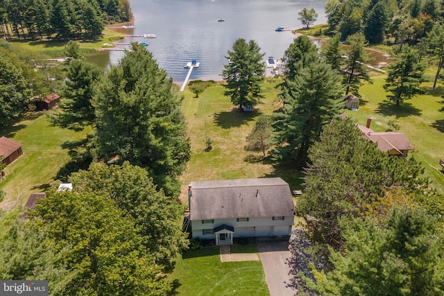 drone / aerial view with a water view