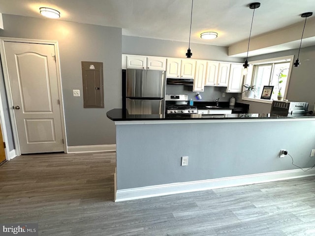 kitchen with electric panel, hanging light fixtures, appliances with stainless steel finishes, dark hardwood / wood-style flooring, and white cabinetry