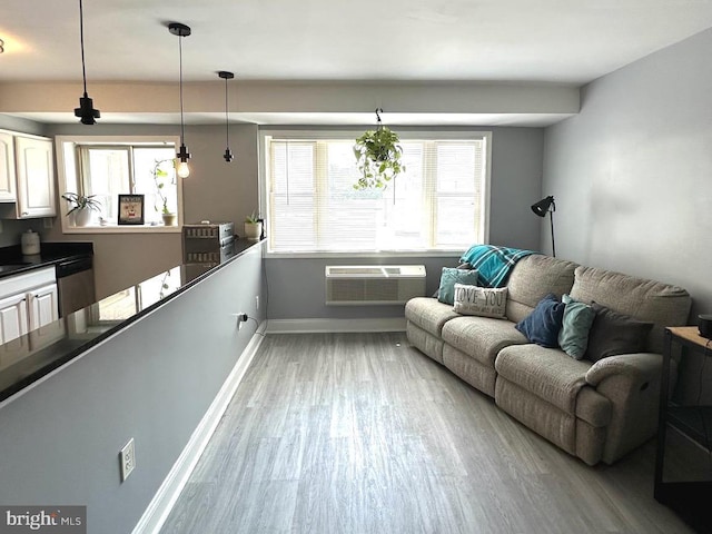 living room featuring an AC wall unit and light hardwood / wood-style flooring