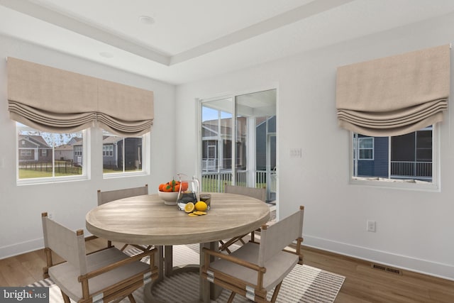 dining room with a raised ceiling, a healthy amount of sunlight, and dark hardwood / wood-style floors