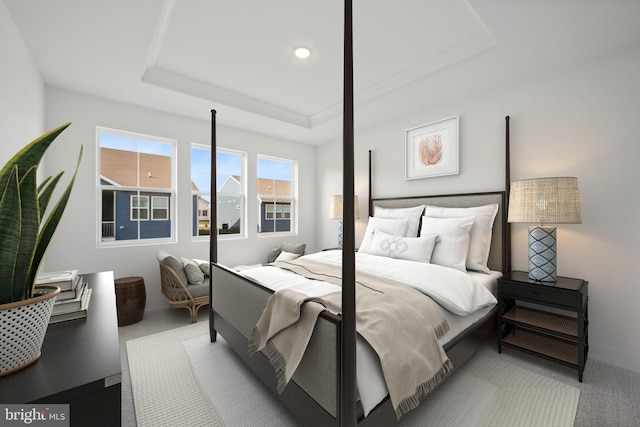 carpeted bedroom featuring a raised ceiling