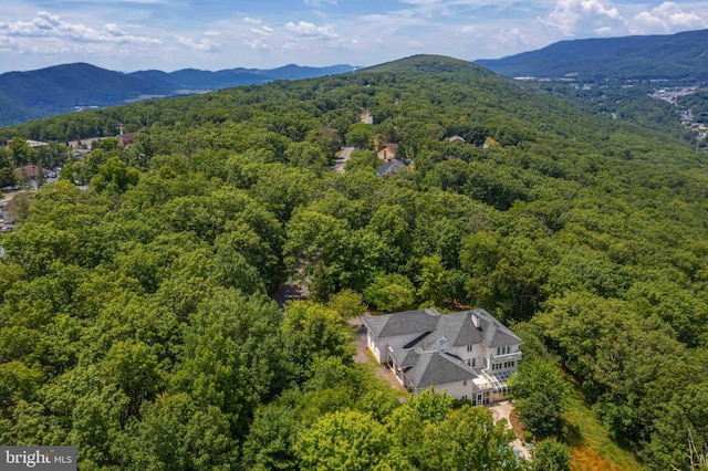 bird's eye view featuring a mountain view and a wooded view