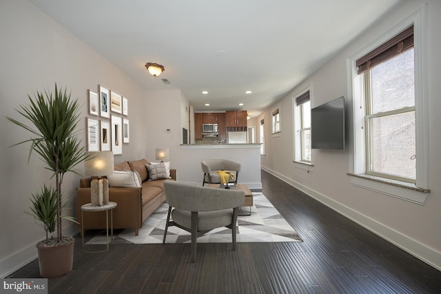 living room with dark hardwood / wood-style floors and a wealth of natural light