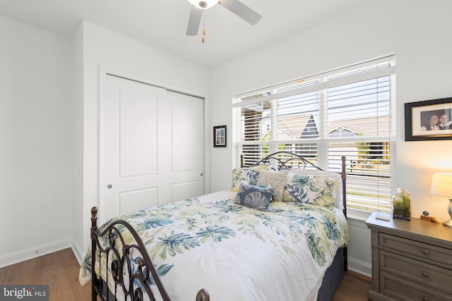 bedroom with ceiling fan, multiple windows, a closet, and wood-type flooring