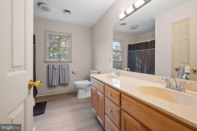 bathroom featuring toilet, wood-type flooring, and dual bowl vanity