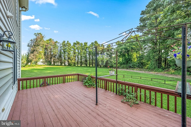 wooden terrace featuring a lawn