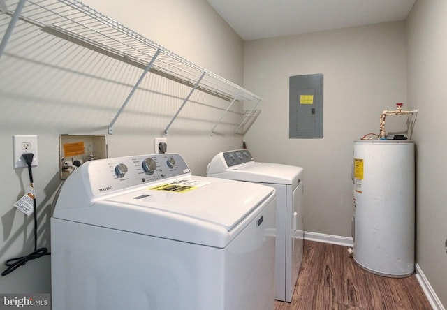 laundry room with dark wood-type flooring, electric panel, separate washer and dryer, and water heater