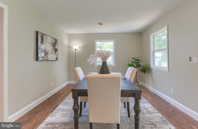 dining space featuring dark wood-type flooring