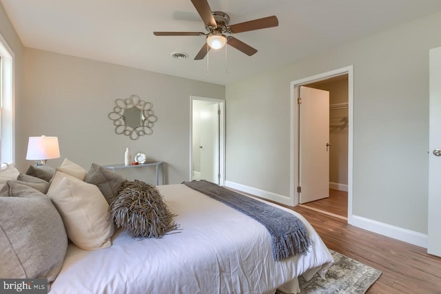 bedroom featuring ceiling fan, a closet, hardwood / wood-style flooring, and a walk in closet