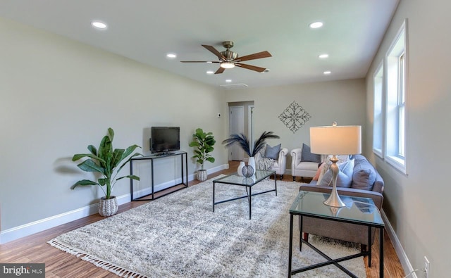 living room featuring ceiling fan and hardwood / wood-style flooring