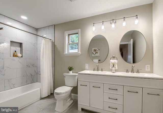 full bathroom featuring dual vanity, tile patterned flooring, toilet, and shower / tub combo with curtain