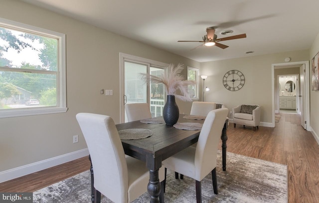 dining space with ceiling fan and wood-type flooring