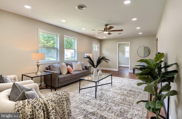 living room with ceiling fan and wood-type flooring