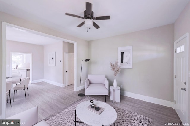 living area with ceiling fan, light hardwood / wood-style flooring, and sink