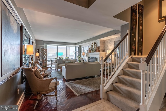 living room with parquet flooring