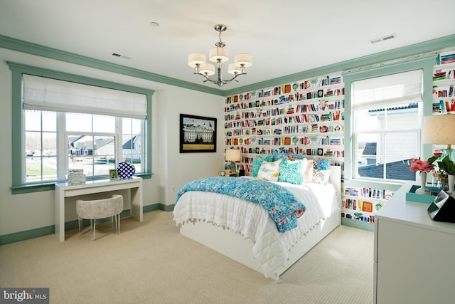 bedroom with light carpet, an inviting chandelier, and crown molding