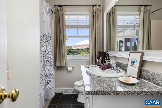 bathroom with tile patterned flooring, vanity, and toilet