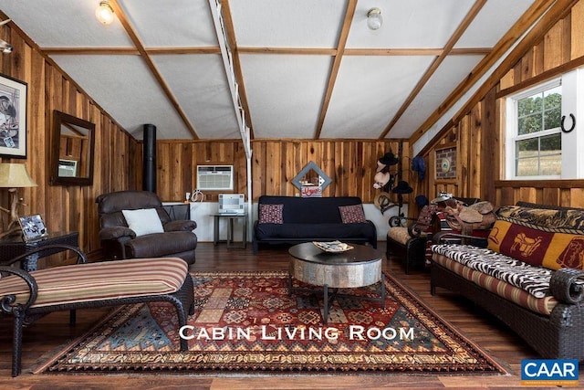 living room with dark wood-type flooring, wooden walls, and vaulted ceiling