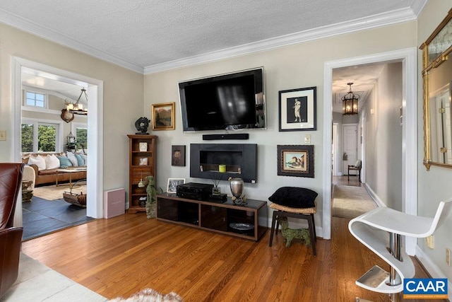 living room with a notable chandelier, a textured ceiling, and hardwood / wood-style flooring