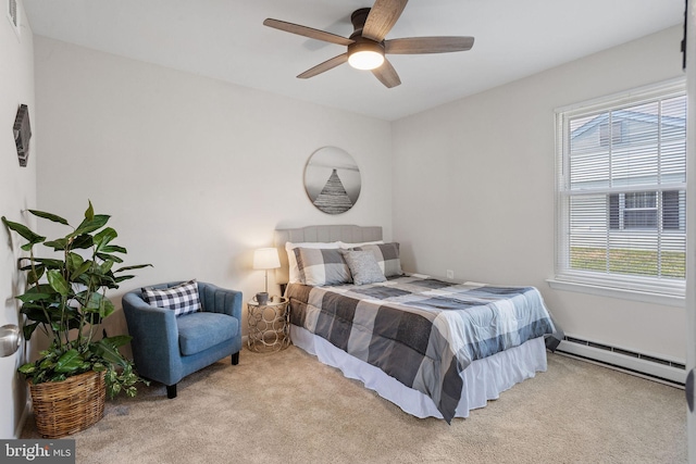 carpeted bedroom featuring ceiling fan and a baseboard radiator