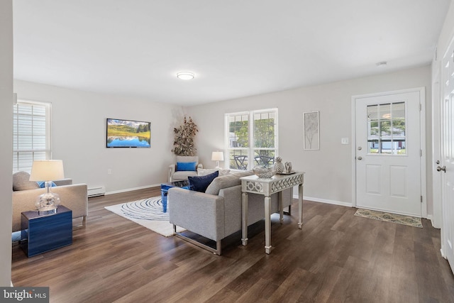 living room with dark hardwood / wood-style flooring and a baseboard radiator