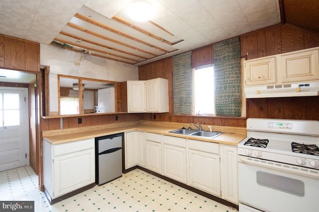 kitchen with gas range gas stove, sink, range hood, wood walls, and stainless steel refrigerator