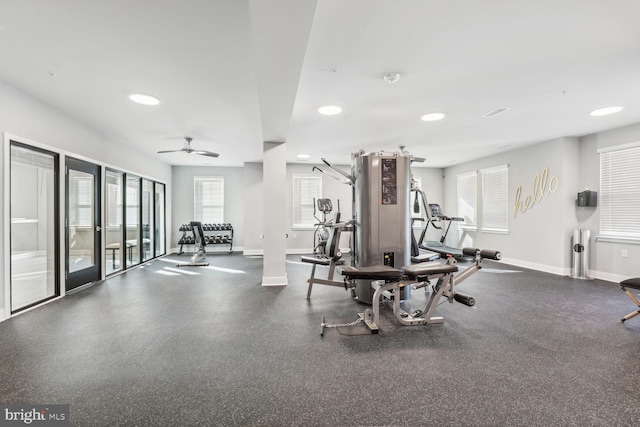 exercise room featuring ceiling fan