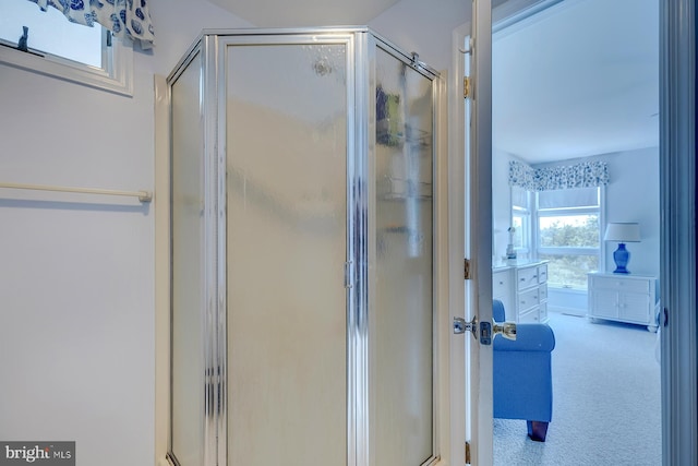 bathroom with a shower with shower door