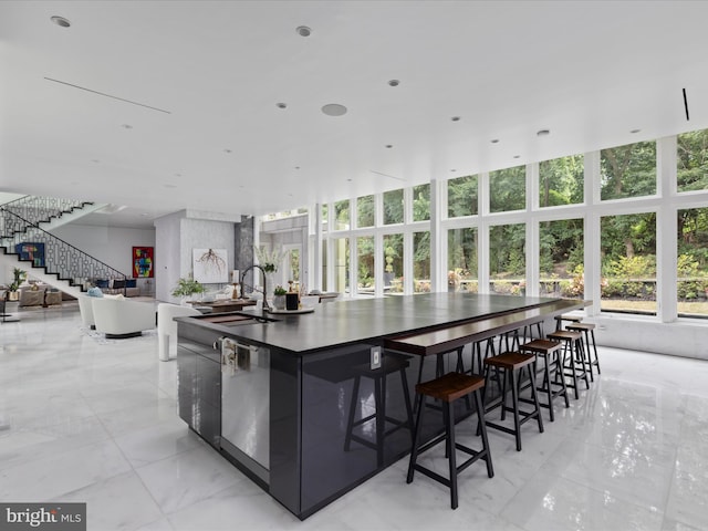 kitchen featuring stainless steel dishwasher, a spacious island, and sink