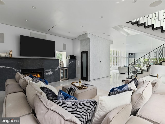 living room with a fireplace