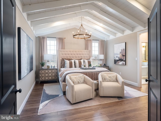 bedroom with a notable chandelier, multiple windows, vaulted ceiling with beams, and wood finished floors