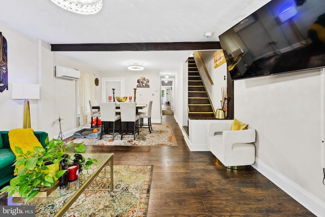 living room featuring an AC wall unit and dark wood-type flooring