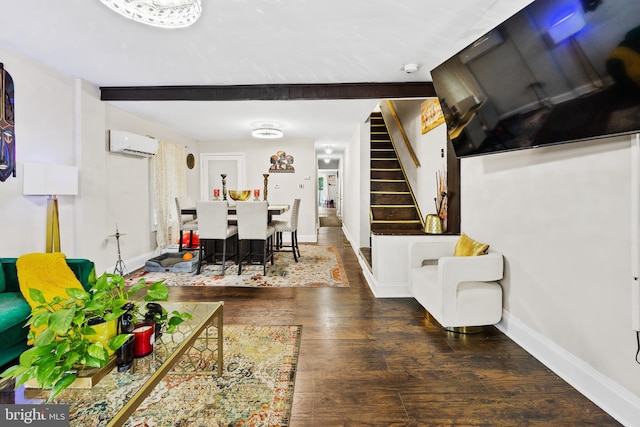 844 Cumberland St, Gloucester City, NJ 08030 - living area featuring dark wood-type flooring, stairway, a wall mounted air conditioner, and baseboards