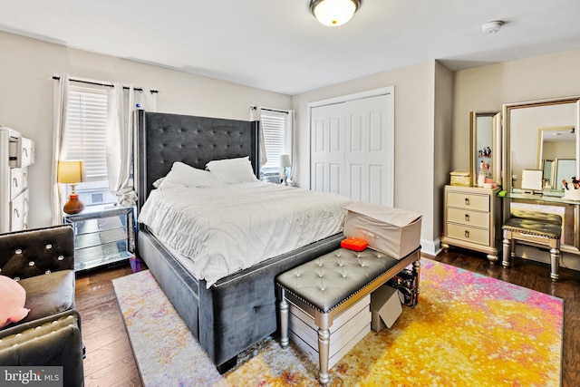 bedroom featuring a closet, multiple windows, and dark hardwood / wood-style flooring