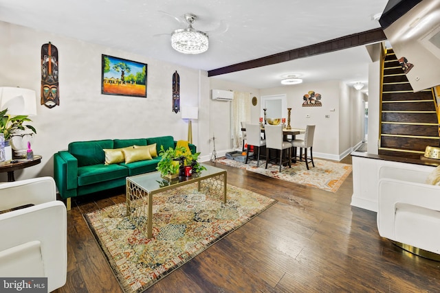 living room with a wall mounted air conditioner and dark hardwood / wood-style flooring