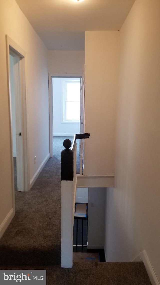 hallway with dark colored carpet