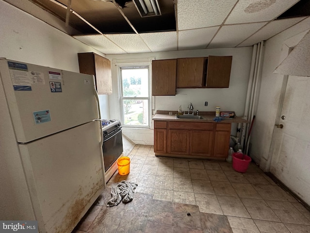 kitchen with sink, white appliances, and a drop ceiling