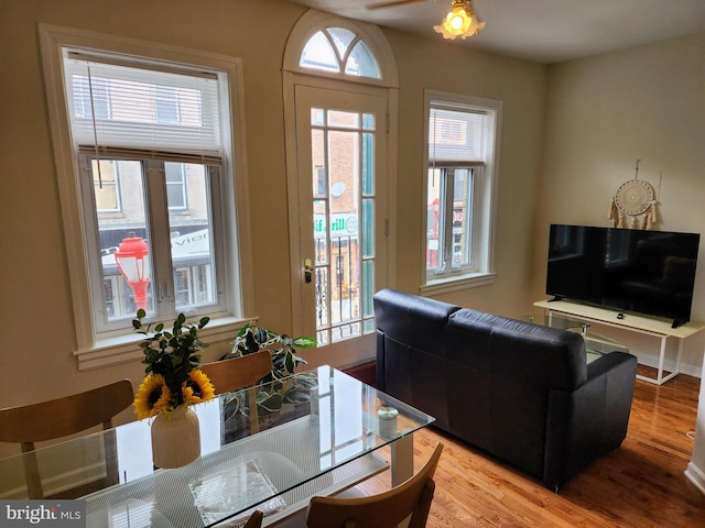 living room featuring wood-type flooring and ceiling fan