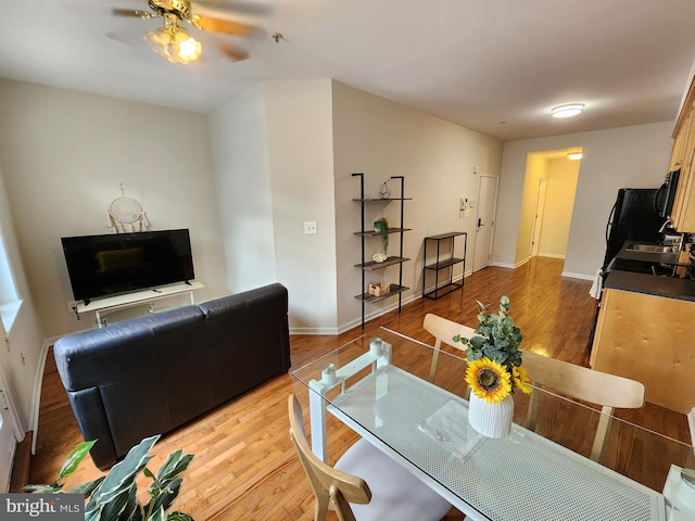 dining space with light hardwood / wood-style flooring and ceiling fan