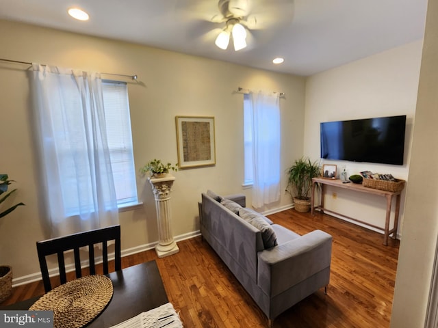 living room with hardwood / wood-style flooring and ceiling fan