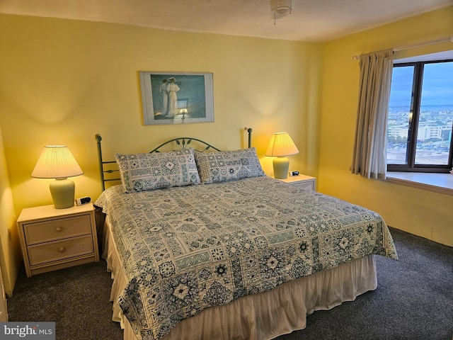 bedroom featuring dark colored carpet