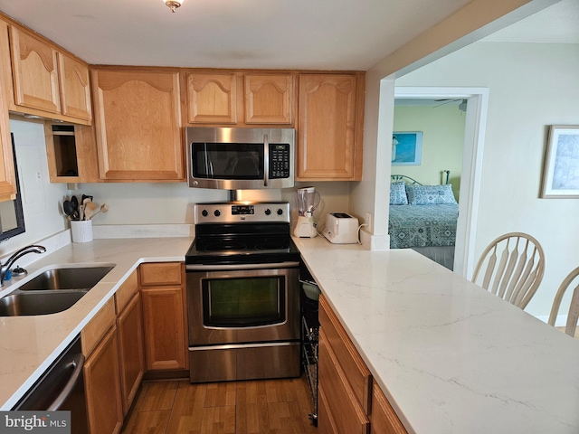 kitchen featuring light hardwood / wood-style floors, light stone counters, sink, and appliances with stainless steel finishes