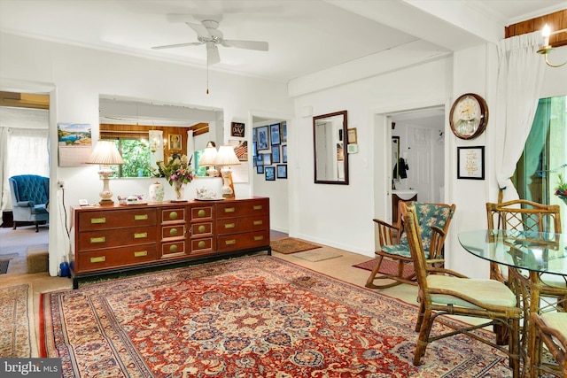 living area featuring ceiling fan