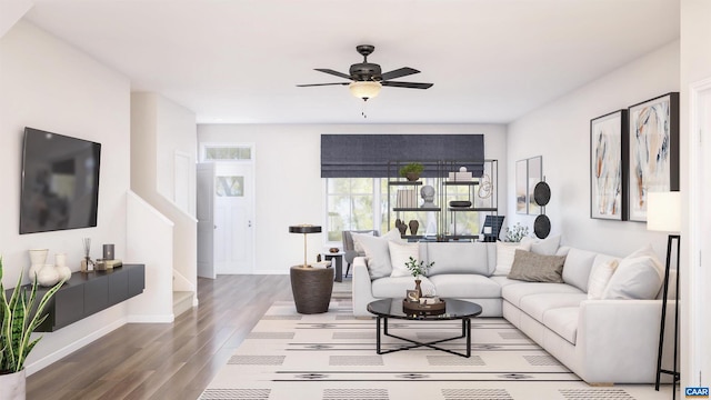 living room with hardwood / wood-style flooring and ceiling fan