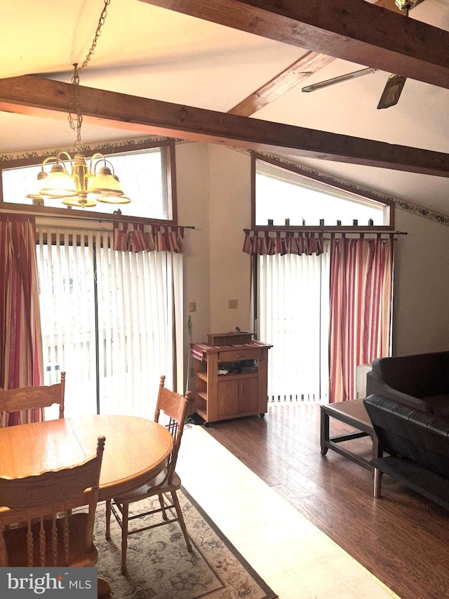 dining room featuring vaulted ceiling with beams, dark hardwood / wood-style flooring, and ceiling fan with notable chandelier