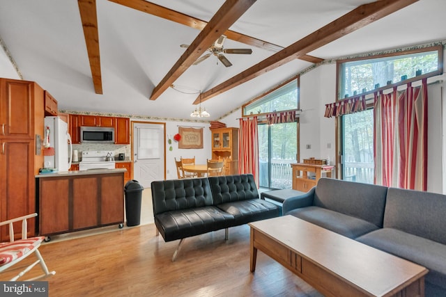 living room featuring ceiling fan, beam ceiling, light hardwood / wood-style floors, and high vaulted ceiling