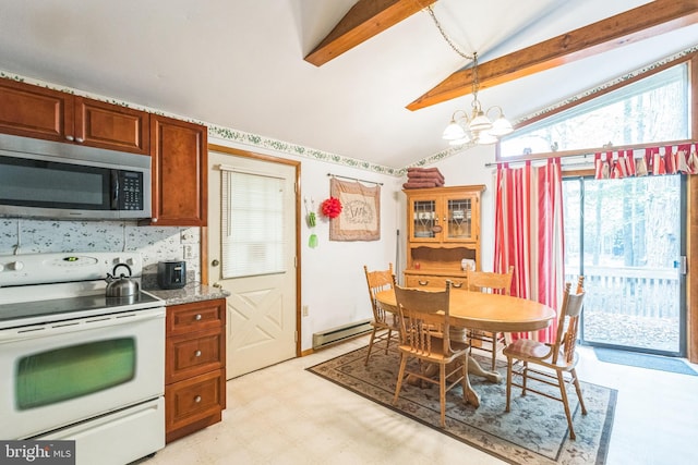 kitchen featuring white electric range oven, baseboard heating, lofted ceiling with beams, decorative light fixtures, and an inviting chandelier