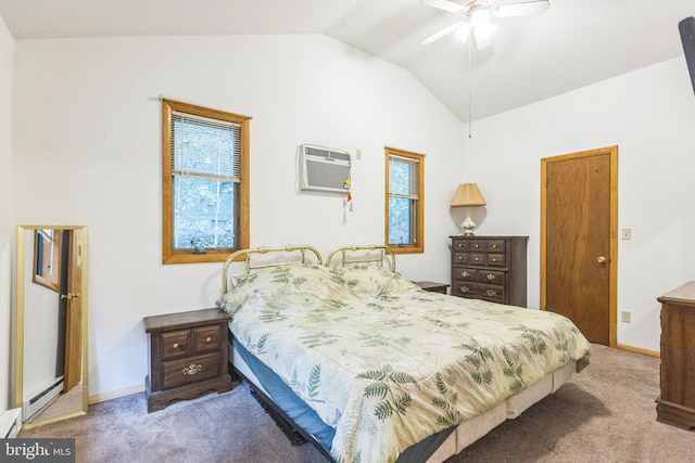 carpeted bedroom featuring a wall unit AC, ceiling fan, and lofted ceiling