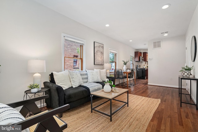 living room with dark wood-type flooring