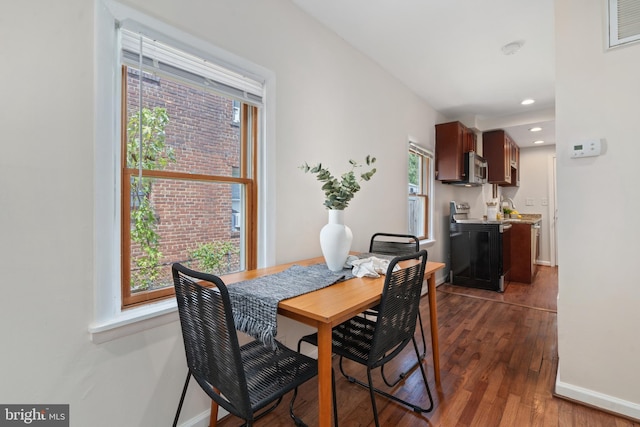 dining area featuring dark wood-type flooring, a wealth of natural light, and sink